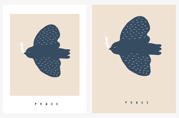 Simple Vcetor Illustrations Set with  Dove with Olive Twig Isolated on a Light Brown Background. Peace Symbol Print with Dark Blue  Flying Pigeon on a Beige Sky ideal for Poster. Wall Art.