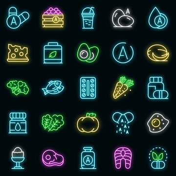 Vitamin a icons set. Outline set of vitamin a vector icons neon color on black