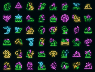 Burning forest icons set. Outline set of burning forest vector icons neon color on black