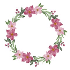 pink flower wreath, circle frame with pink flower and leaves border