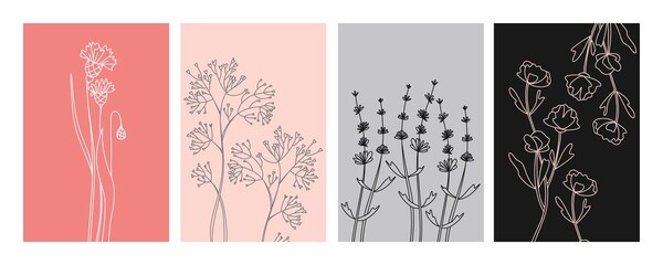 Flower minimal poster set. Hand drawn line wild flowers and leaves. Herbal and meadow plant collection, modern wall art floral decor. Vector botanical illustration pink, black, gray colors