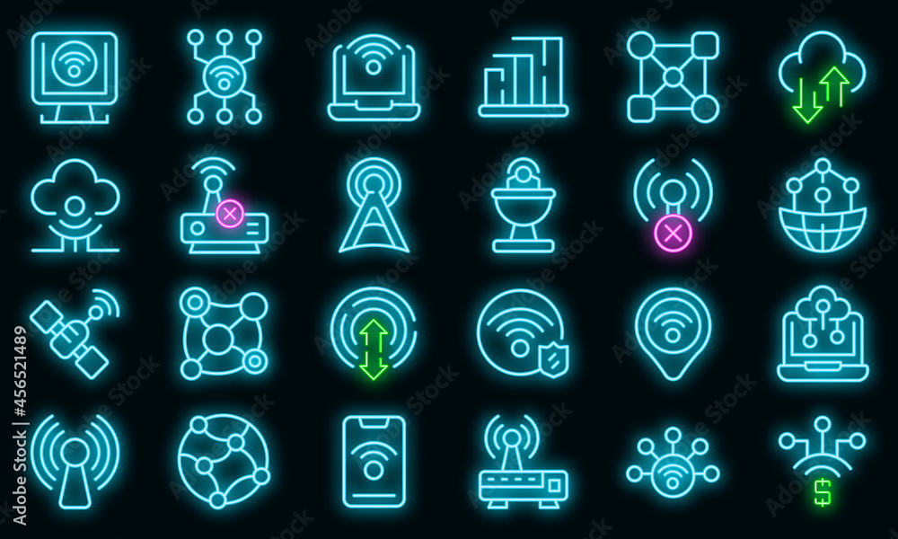 Poster internet connection icons set. outline set of internet connection vector icons neon color on black