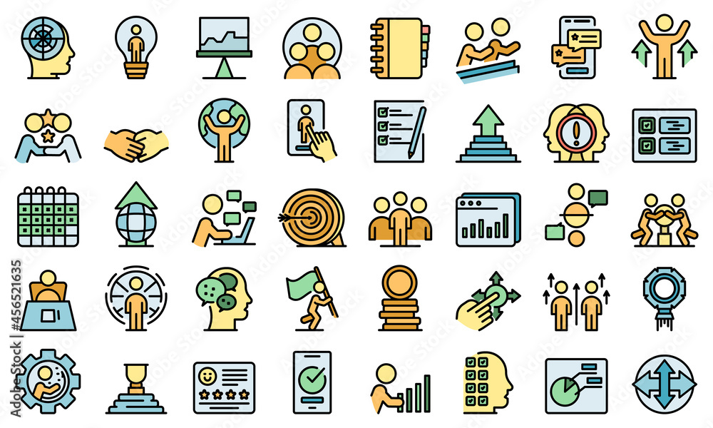 Poster human resources icons set. outline set of human resources vector icons thin line color flat isolated