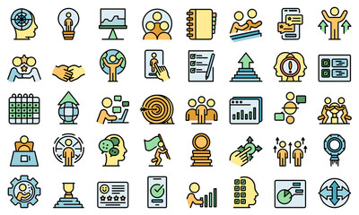 Human resources icons set. Outline set of human resources vector icons thin line color flat isolated on white