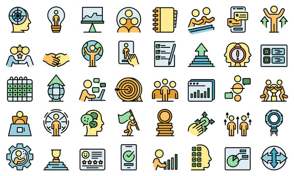 Human resources icons set. Outline set of human resources vector icons thin line color flat isolated on white