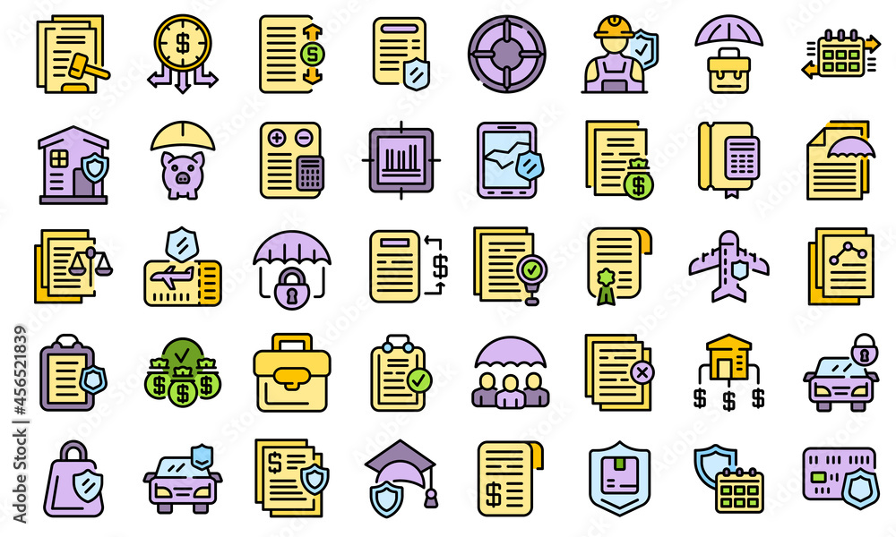 Aufkleber liability icons set. outline set of liability vector icons thin line color flat isolated on white
