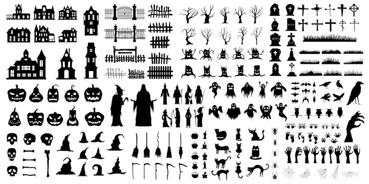 A set of Halloween silhouettes of 200 elements on a white background. Set of icon for celebration. Vector illustration.