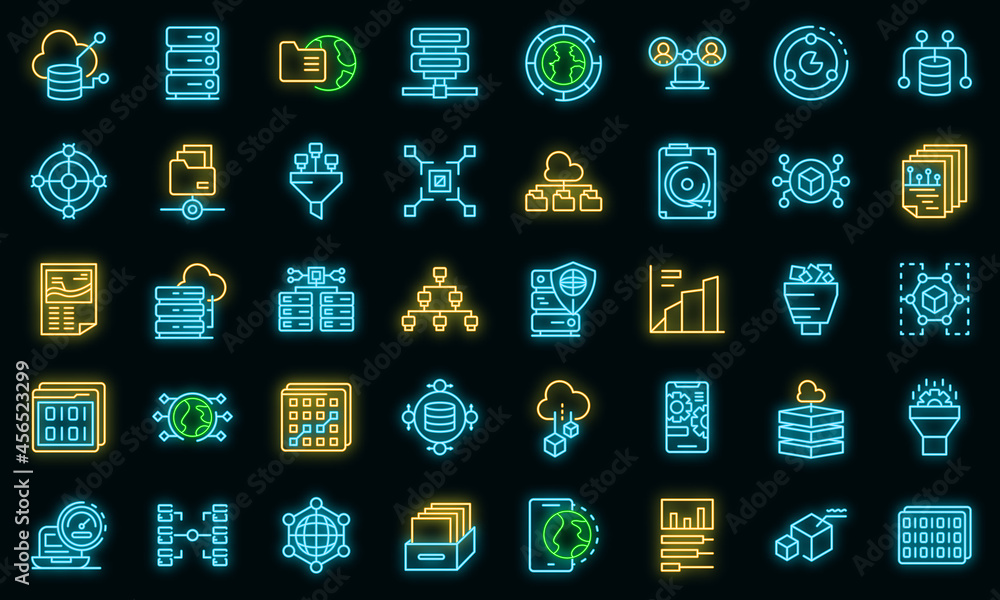 Poster big data icons set. outline set of big data vector icons neon color on black