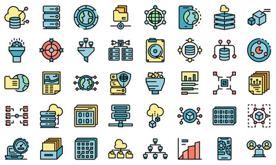 Big data icons set. Outline set of big data vector icons thin line color flat isolated on white