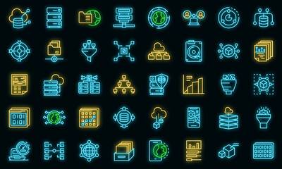 Big data icons set. Outline set of big data vector icons neon color on black