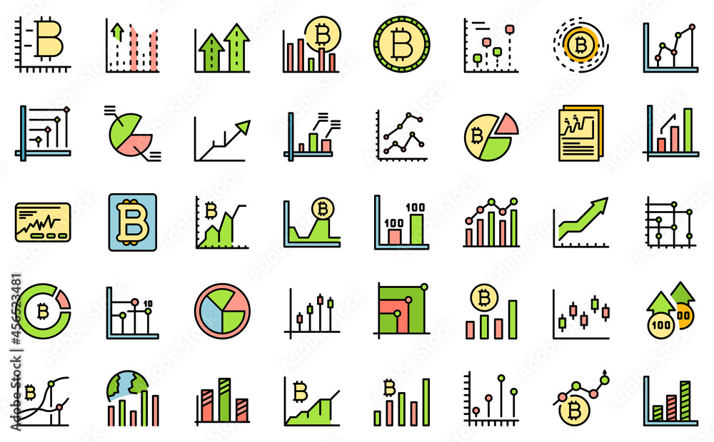 Poster bitcoin chart icons set. outline set of bitcoin chart vector icons thin line color flat isolated on 