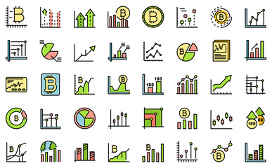 Bitcoin chart icons set. Outline set of bitcoin chart vector icons thin line color flat isolated on white