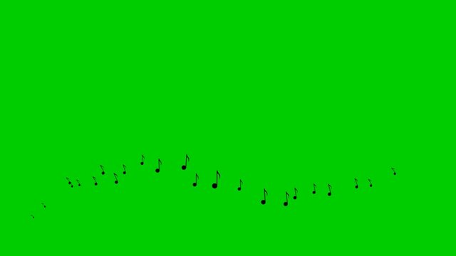 Animated black notes fly from left to right. A wave of flying notes. Concept of music. Vector illustration isolated on the green background.