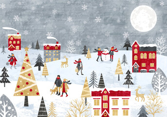 雪が降るクリスマスの街並みと人々のベクターイラスト背景(christmas, Merrychristmas,冬) © Honyojima