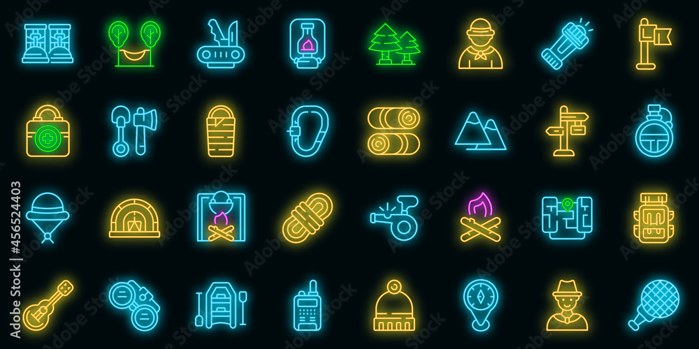 Poster scouting icons set. outline set of scouting vector icons neon color on black