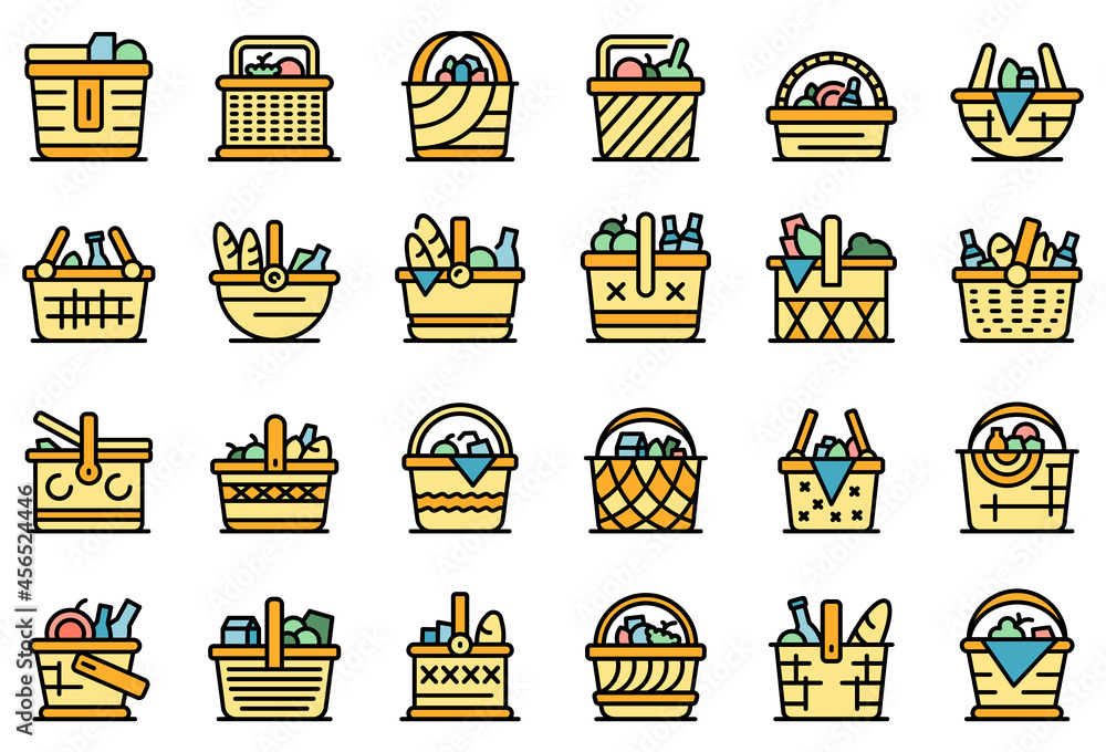 Aufkleber picnic basket icons set. outline set of picnic basket vector icons thin line color flat isolated on 