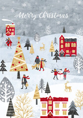 雪が降るクリスマスの街並みと人々のベクターイラスト背景(christmas, Merrychristmas,冬)