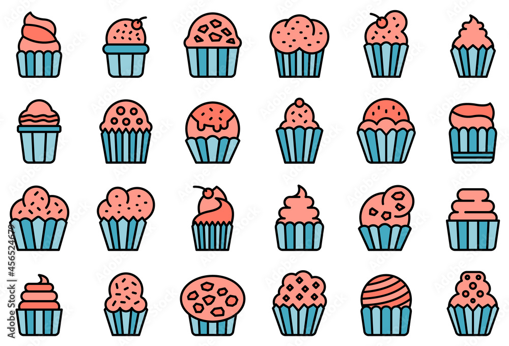 Aufkleber muffin icons set. outline set of muffin vector icons thin line color flat isolated on white