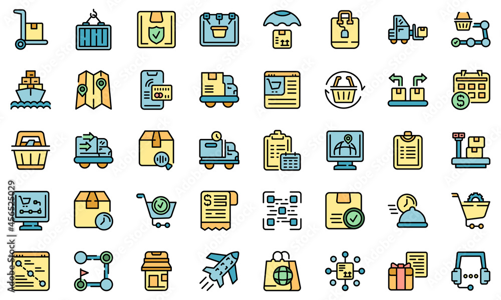 Poster ordering process icons set. outline set of ordering process vector icons thin line color flat isolat