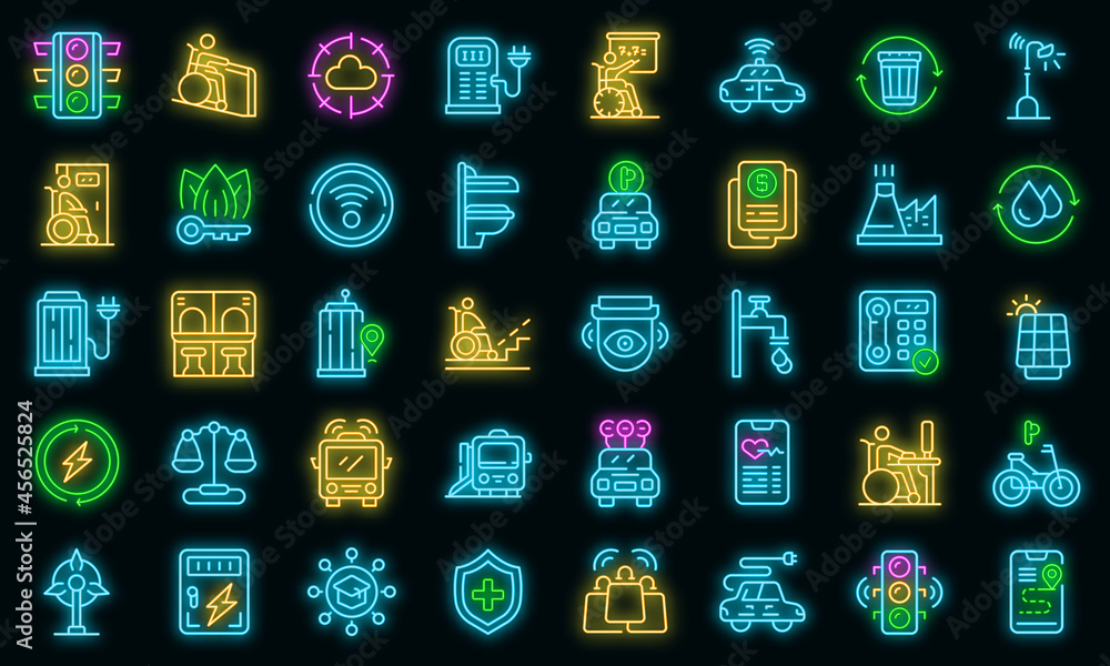 Poster accessible environment icons set. outline set of accessible environment vector icons neon color on b