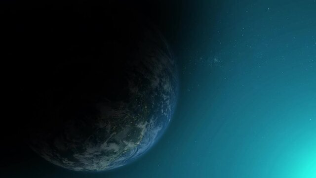 Animation of Earth seen from space, the globe spinning on satellite view on dark background. The city at night turns from night to day.(elements of this image furnished by nasa )