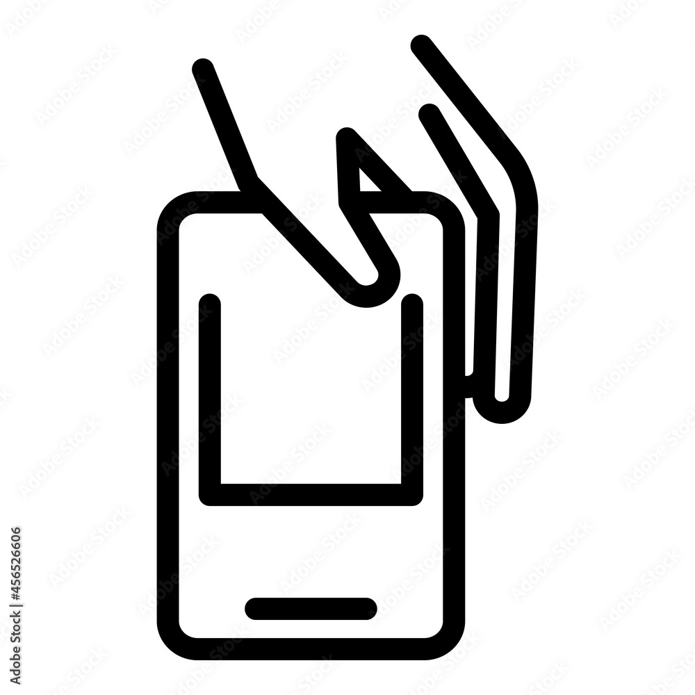 Poster using mobile phone icon outline vector. hand touch. smart device