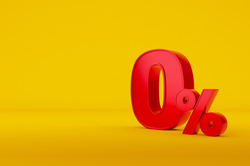 Red zero percent or 0% special offer on yellow background. 3d render illustration - obrazy, fototapety, plakaty