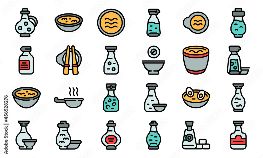 Poster Soy sauce icons set. Outline set of soy sauce vector icons thin line color flat isolated on white