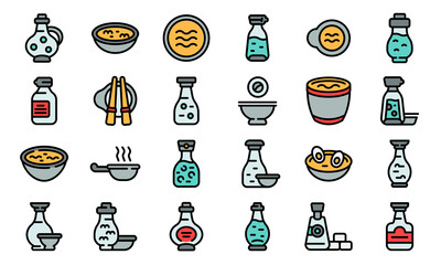 Soy sauce icons set. Outline set of soy sauce vector icons thin line color flat isolated on white