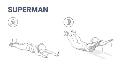 Woman Doing Superman Exercise Home Workout Guidance Illustration. Lying Girl Fitness Exercise.