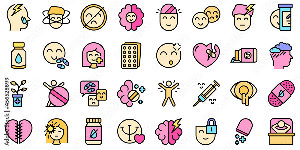 Poster antidepressant icons set. outline set of antidepressant vector icons thin line color flat isolated o