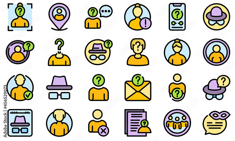 Poster anonymous icons set. outline set of anonymous vector icons thin line color flat isolated on white