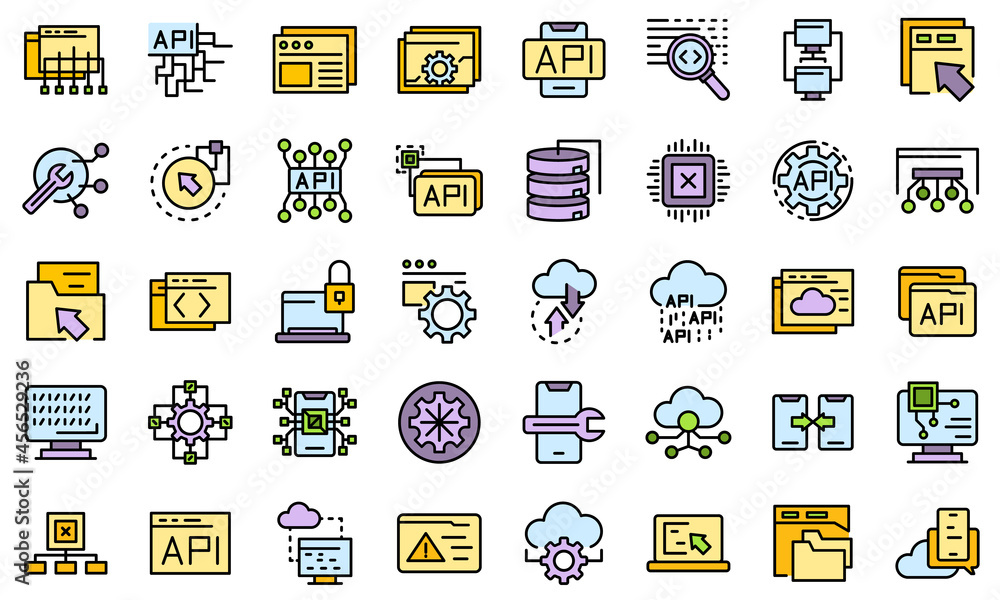 Poster api icons set. outline set of api vector icons thin line color flat isolated on white