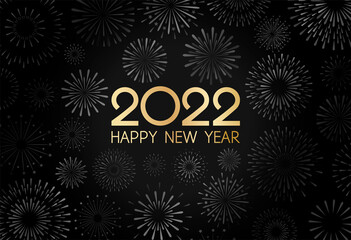 Vector Happy New Year 2022 design template card. Black background with festival gold fireworks.