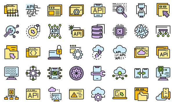 API icons set. Outline set of API vector icons thin line color flat isolated on white