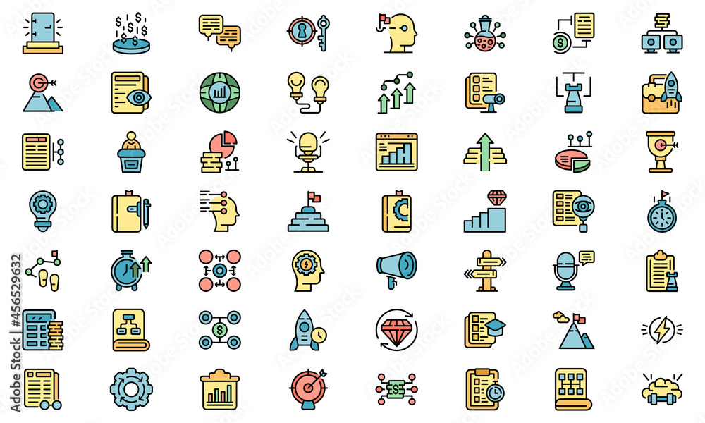 Poster realization icons set. outline set of realization vector icons thin line color flat isolated on whit