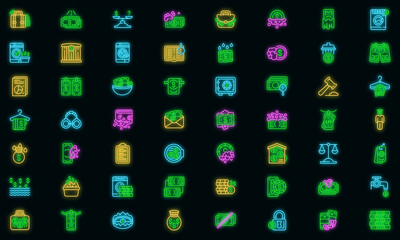 Anti-money laundry icons set. Outline set of Anti-money laundry vector icons neon color on black