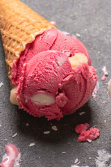 Variety of ice cream scoops in waffel cones