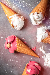 Variety of ice cream scoops in waffel cones