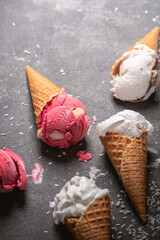 Variety of ice cream scoops in waffel cones