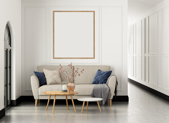 Interior living studio mock-up, white classic style, frame hanging on wall. 3D rendering