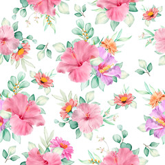 elegant hand drawn floral and leaves seamless pattern