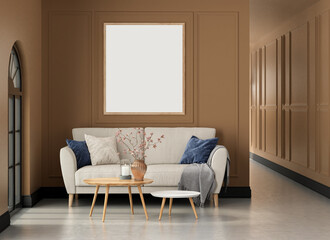 Interior living studio mock-up,  classic style, frame hanging on wall. 3D rendering