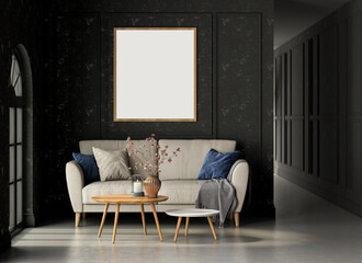 Interior living studio mock-up, black classic style, frame hanging on wall. 3D rendering