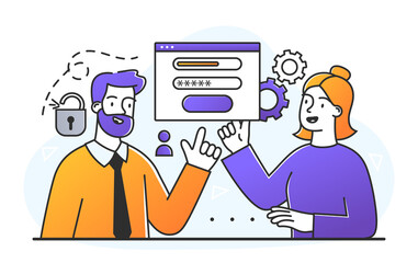 Woman register online. Man helps user to create an account on website. Technical support, faq, consultation. Password and login. Cartoon flat vector illustration isolated on white background