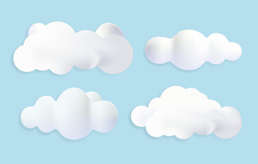 3d render of clouds. Realistic graphic elements for website, beautiful sky. Pictures for printing on fabric. Backdrop for logo and text. Collection of vector illustrations isolated on blue background