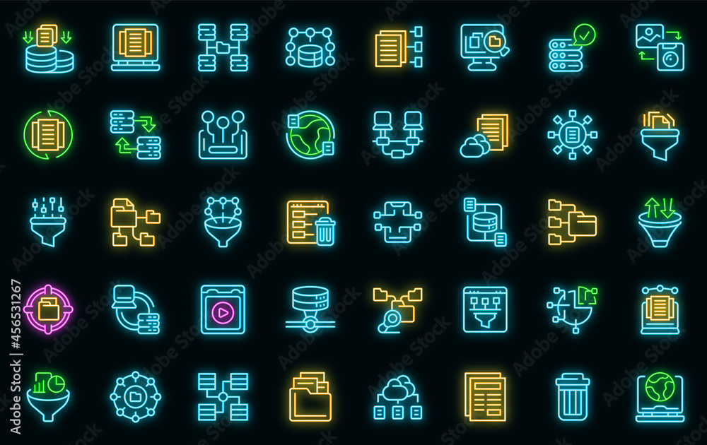 Poster content filter icons set. outline set of content filter vector icons neon color on black