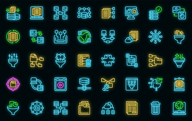 Content filter icons set. Outline set of content filter vector icons neon color on black