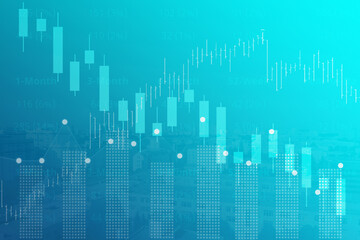 Financial background of stock and derivatives market, graphs, charts, columns, candles, bars, lines, numbers in blue and color. Trend up and down. 3D illustration