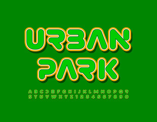 Vector green banner Urban Park. Bright abstract Font. Modern style Alphabet Letters and Numbers set